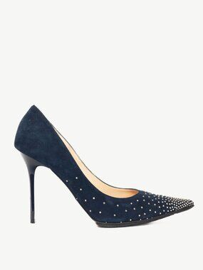 Jimmy Choo Abel Navy Suede Rhinestone-Embellished Pumps
